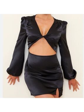 PRETTYLITTLETHING nwt black satin plunge twist front cut out bodycon dress 12
